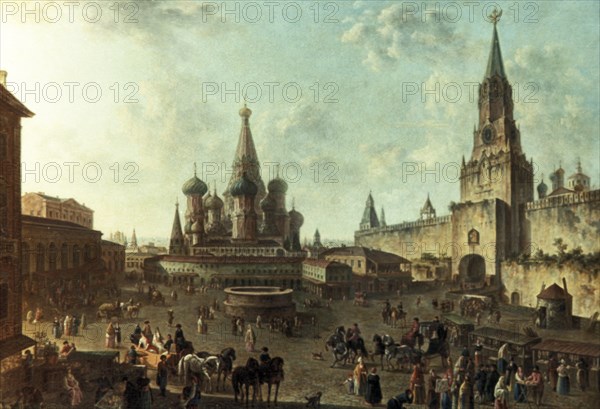 An oil painting of red square in moscow by fyodor alexeyev (1801).