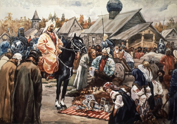 A tartar of the golden horde exacting tribute from russian people in the 13th century, (20th century soviet watercolor painting, unknown artist).