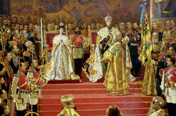 Fragment of 'the coronation ceremony of alexander lli and maria fyodorovna in the uspensky cathedral of the moscow kremlin' by george becker, the picture is on display at the exhibition 'emperor alexander lli and empress maria fyodorovna' opened at the manezh central exhibition hall.