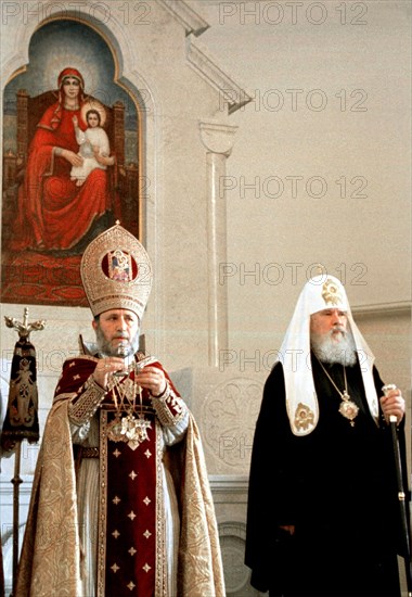 Garegin ll, catholicos of all armenians sanctifies the building armenian church of st, catherine on nevsky avenue, st, petersburg, russia, 7/00, the ceremony was attended by patriarch of moscow and all russia alexy ll (right) ,the action was timed to the 1700th anniversary of of armenia's adoption of christianity,   12,07,2000.