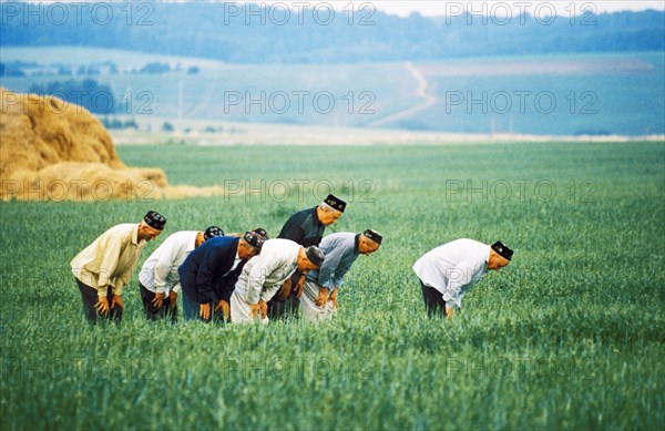 Muslim tatar farmers praying for rain, tatarstan, russia.