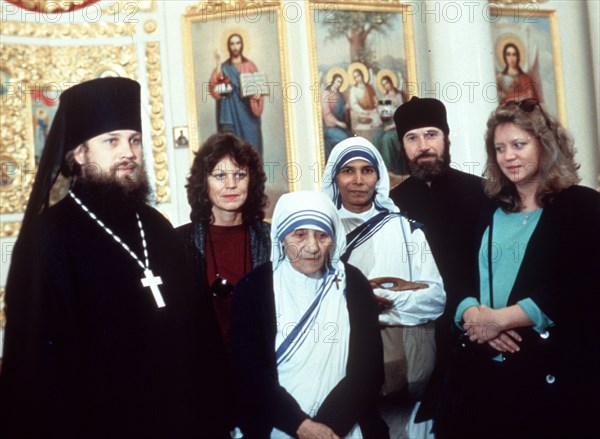 Moscow, ussr, 9/87: mother teresa, visiting from india, with russian orthodox priests.