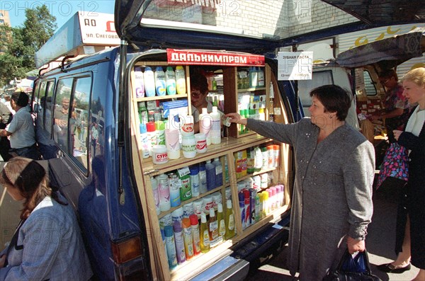 A mobile chemist (pharmacy/drug store) on the streets of vladivostok, russia, 1997.