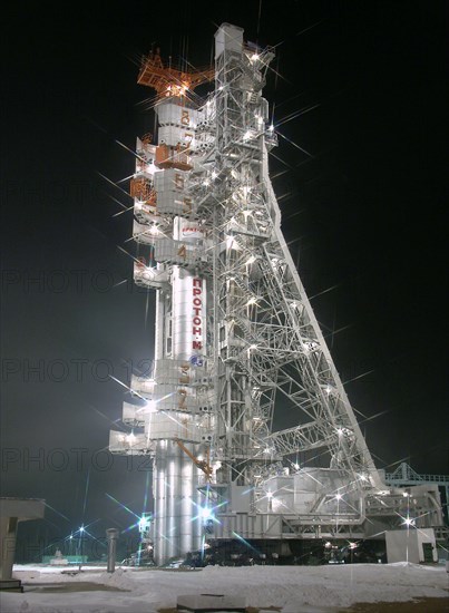 The russian proton-m rocket carrying the worldsat 3 communications satellite is pictured on the launch pad at the baikonur cosmodrome in kazakhstan prior to its launch, december 29, 2005.