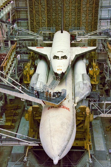 Baikonur cosmodrome, kazakh ssr, ussr, the launch vehicle 'energia' with the buran spacecraft on the launch pad, october 24, 1988.