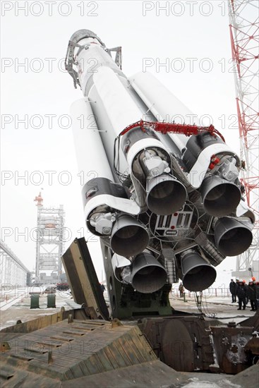 A russian-built proton m rocket is being placed on its launch pad at the baikonur cosmodrome in kazakhstan, december 12, 2006, the rocket will launch the measat-3 satellite into orbit to improve malaysiai´s satellite communication.