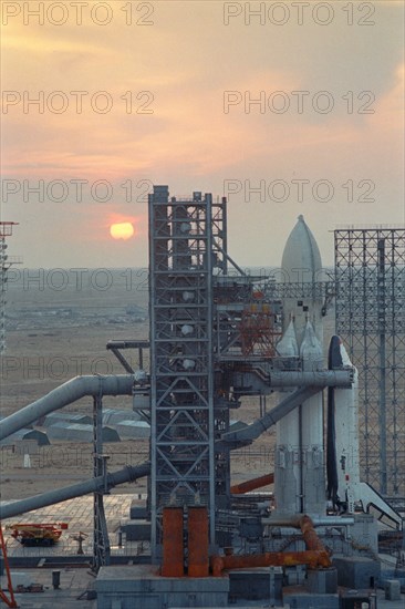 Baikonur cosmodrome, kazakh ssr, ussr, the launch vehicle 'energia' with the the buran spacecraft on the launch pad, october 22, 1988.