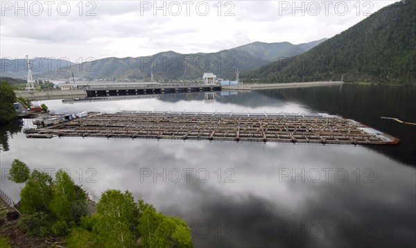 Khakassia, russia, june 18, 2007, trout and sturgeon fish farm in maina hydroelectric power station reservoir, khakassia.