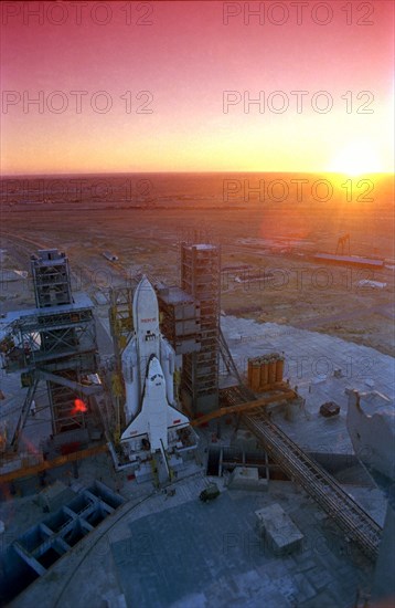 Baikonur cosmodrome, kazakh ssr, ussr, the launch vehicle 'energia' with the the buran spacecraft on the launch pad, october 1988.
