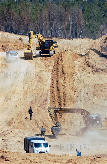 Zabaikalsky region, russia, may 6, 2008, at the construction site of the by-pass section of the federal highway a-166 chita-zabaykalsk near the bridge across the ingoda river.