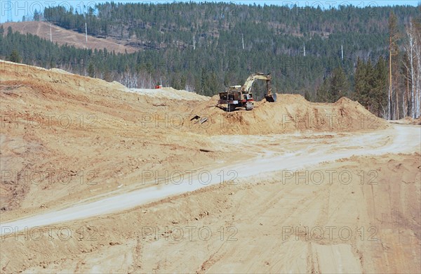 Zabaikalsky region, russia, may 6, 2008, at the construction site of the by-pass section of the federal highway a-166 chita-zabaykalsk near the bridge across the ingoda river.