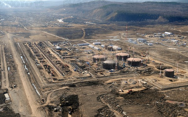 Amur region, russia, april 27, 2009, aerial view of skovorodino pump station at which a proposed russia-to-china pipeline branches off from the eastern siberia – pacific ocean (espo) oil pipeline.