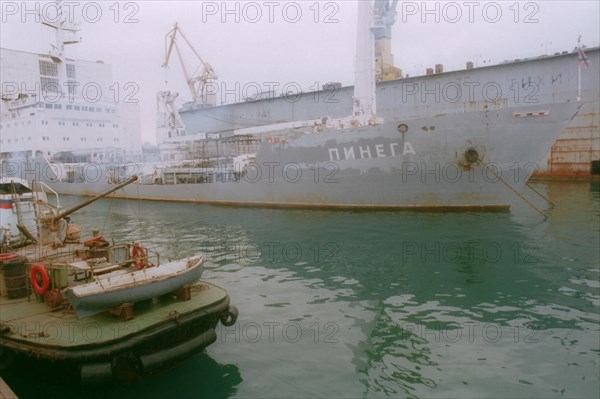 Maritime territory, russia, 10/13/01: the 'pinega' ship where liquid radioactive waste from nuclear-powered submarines is reprocessed.