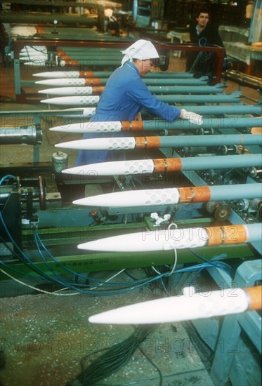 Cheboksary, russia, 2000: v, chapayev production association, assembly of alazan and kristall anti-hail rockets (agricultural cloud seeding missiles).