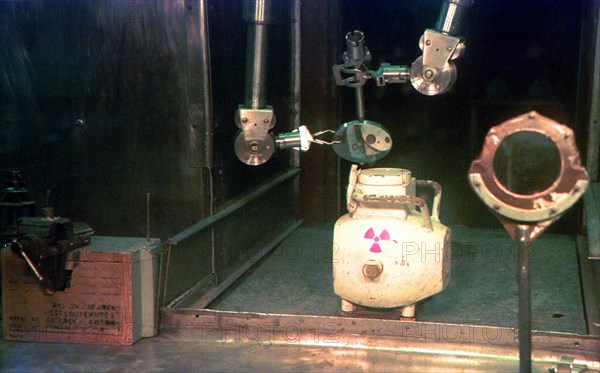 Theft of radioactive material, one of three containers with radioactive materials, which had been stolen at an enterprise in sverdlovsk region (the urals) by two criminals who were arrested by the local police during in an attempt to sell the dangerous articles, in a special chamber, yekaterinburg, russia, november 13, 2001.
