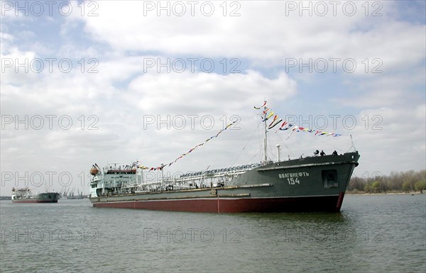 Astrakhan, russia, april 7, 2002, one of the four tankers of the volgotanker shipping company, which set off for the turkmenbashi port in turkmenistan, pictured in astrakhan port, which works all year round, the navigation on the volga and caspian sea opened 12 days before usual time this year, the tankers will ship fuel oil from turkmenbashi to astrakhan and ports on the azov sea, as the new transport corridor north-south has been set.