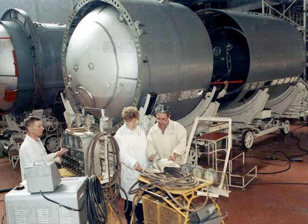 Space rocket research and production centre ('tskb - progress') in samara, russia, view of the assembly shop of the space rocket -carriers , a specialized design bureau and a plant are combined here, for the period of operation it has developed and manufactured 9 modifications of rocket-carriers such as the 'vostok', 'molniya' and 'soyuz' , the rockets assembled here executed 1700 launches of different spacecrafts, 900 of them were developed at the enterprise .