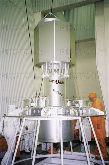 baikanur, kazakhstan, december 15 2002: model of a us space apparatus is prepared for the launch (in pic), together with five foreign satellites it is to be launched into orbit by a conversion missile-carrier 'dnepr-1', the launch is scheduled for december 20, (photo sergei kazak).