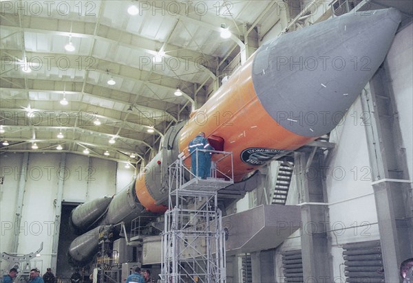 Arkhangelsk region, russia, march 31, 2003, a molniya-m space rocket pictured at the assembly and test complex of plesetsk cosmodrome, as preparations for the launch of the rocket have been completed here.