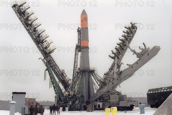 Arkhangelsk region, russia, april 2, 2003, molniya-m booster rocket pictured at a launching pad of the plesetsk cosmodrome shortly to its firing, russian space troops successfully launched the booster rocket with a military satellite early on wednesday.