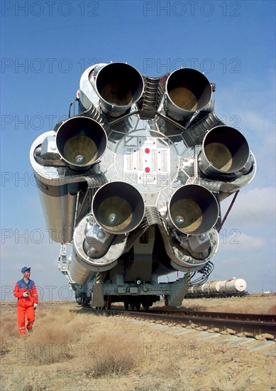 Baikonur, kazakhstan, april 25, 2003, rocket carrier proton-m with the briz-m acceleration unit (in pic) being transported to the launching pad of baikonur cosmodrome, proton, carrying the us ams 9 communications satellite, is to blast from baikonur on april 28.