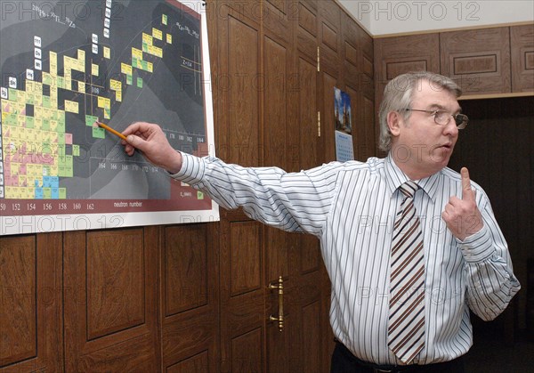 Deputy director of the flerov laboratory of nuclear reactions, professor, sergei dmitriyev pointing to a chart as he explaines to reporters how a recent research was carried out at the flerov laboratory that confirmed the discovery of several heaviest elements, which leads to the extention of the periodic table, dubna, russia, may 31, 2006.