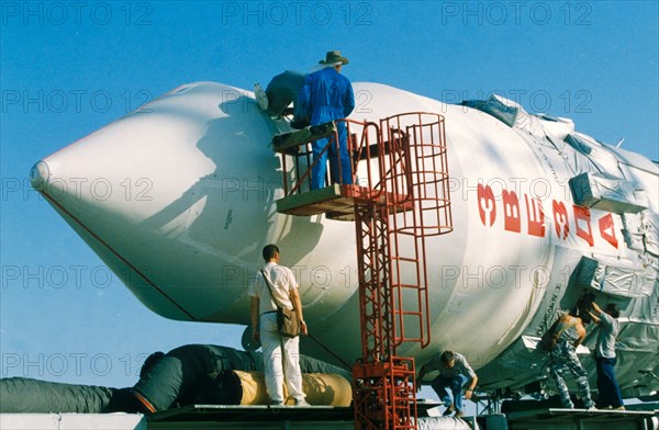 Zvezda service module prior to launch to join international space station, 7/00.