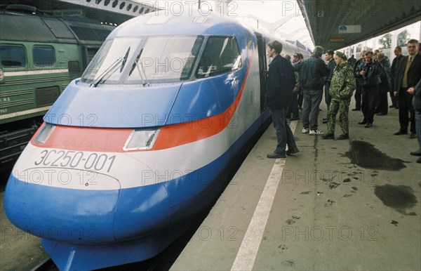Sokol-250 high speed passenger train at the station in st, petersburg, russia, 2001.