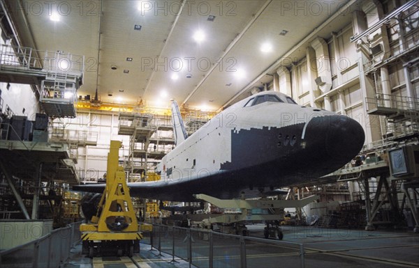 Soviet space shuttle buran in the test and assembly hangar at baikonur in kazakhstan, 1995, the program lost it's funding in 1992.