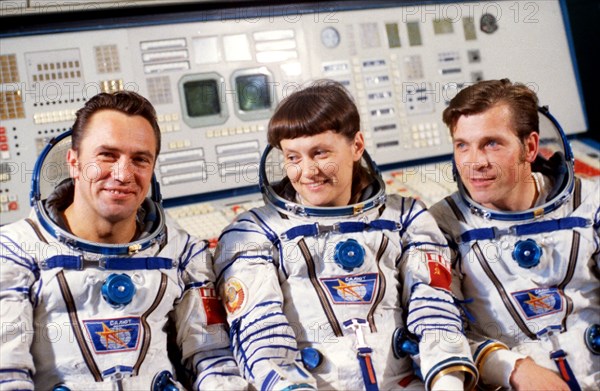 Ausust 1982, soyuz t-7, docked with salyut 7, crew members popov, savitskaya and serebrov in training, first coed space crew.