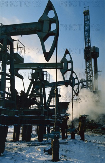 Pumps at a drilling operation of the canadian joint venture tura at the kalchinsky oil field, tyumen, siberia, 2000.