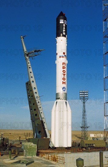 Russian proton rocket carrying the cargo capsule, zarya, being prepared for launch at the baikonur cosmodrome in kazakhstan, november 1998.