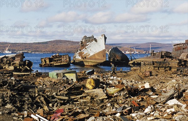 Oil ship dumping ground outside of murmansk on the kola peninsula, russia, 1999.