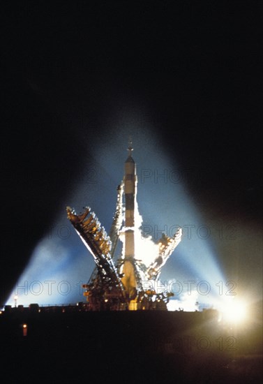 Soyuz 28 on the launch pad at the baikonur cosmodrome, 1978.