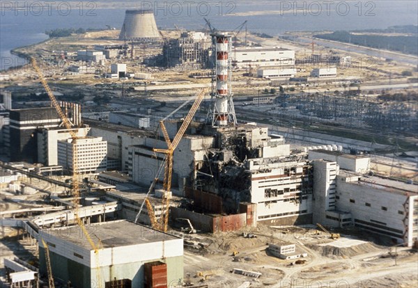 Reactor 4 of the chernobyl nuclear power plant in ukraine damaged in the accident in april of 1986, august 1986.