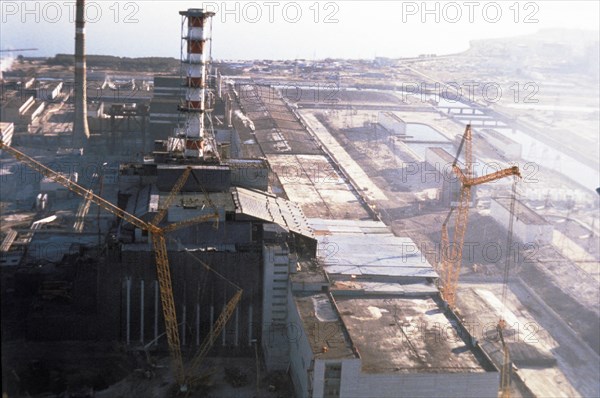 Chernobyl aps, ukraine, ussr, the unit 4 reactor after it's entombment, october 1986.