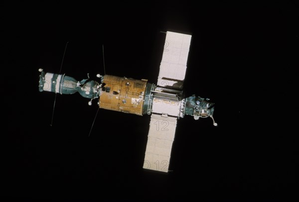 Soviet spacecraft soyuz 31 docked to the salyut 6 space station, the picture was taken from soyuz 29, 1978.