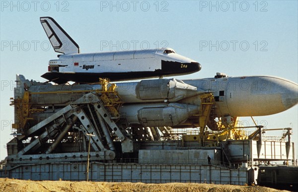 Buran space shuttle with energia - built carrier rocket being prepared for launch at the baikonur cosmodrome in kazakhstan, ussr, october 1988.