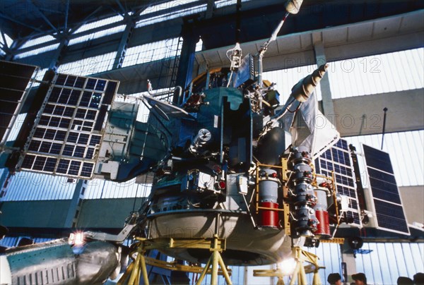 The soviet space probe vega 1 or 2 in the assembly shop at baikonur, 1984.