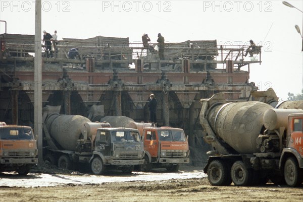 Chernobyl aps, ukraine, ussr, cement mixers loading up to deliver cement to the site of the accident, june 1986.