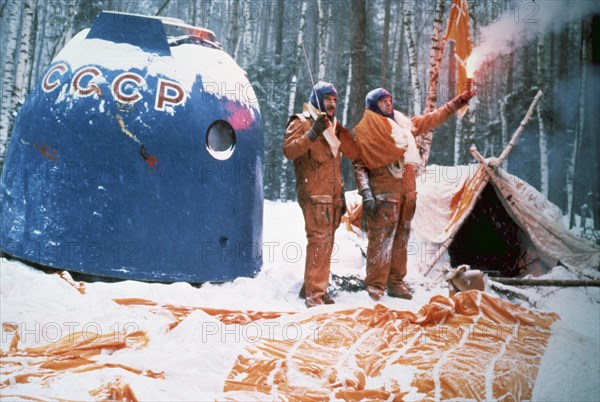 Soyuz 33 crew nikolai rukavishnikov and georgi ivanov (bulgaria) training in the taiga, 1979.