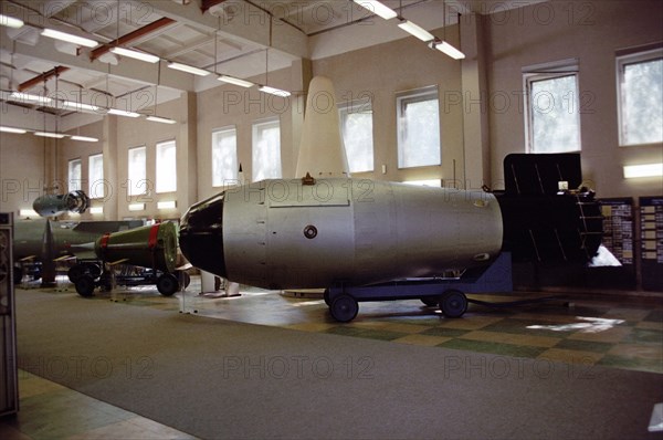 The world's most powerful hydrogen bomb on display at an arms museum in sarov, russia, it is nick-named 'kuzkina mat' nikita khrushchev's threat, in memory of the famous address of the soviet leader to the united nations in which he threatened the west, 2003.
