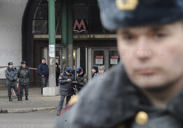 Moscow, russia, march 29, 2010, police officer in lubyanka square, outside lubyanka metro station, sokolnicheskaya line of the moscow underground, an explosion rocked the metro station at 7,52 during the rush hour killing more than twenty passengers.