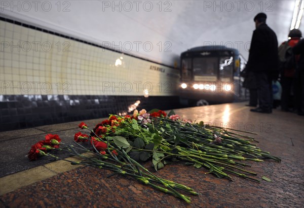 Moscow, russia, march 30, 2010, flowers are left in the memory of the victims of a bomb explosion at lubyanka metro station, blasts rocked two stations on sokolnicheskaya line of the moscow underground during the rush hour killing 38 and injuring over 60 passengers.