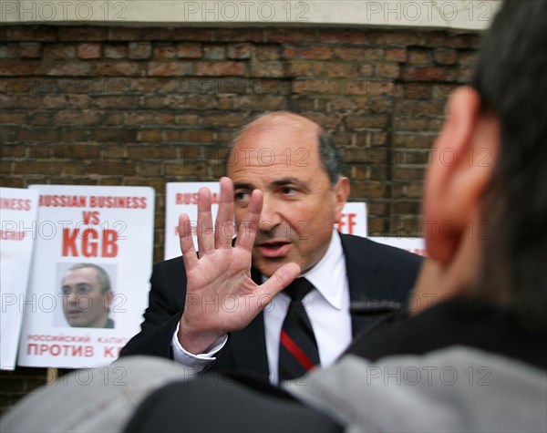 London, great britain, businessman boris berezovsky in front of the russian consulate during the rally staged to demand to free mikhail khodorkovsky from jail, on may 26, 2004.