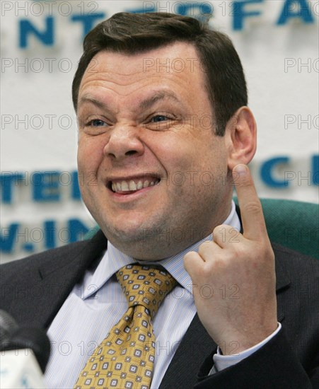 Moscow, russia, july 19, chairman of board of directors of alfa-bank mikhail fridman during the press conference.