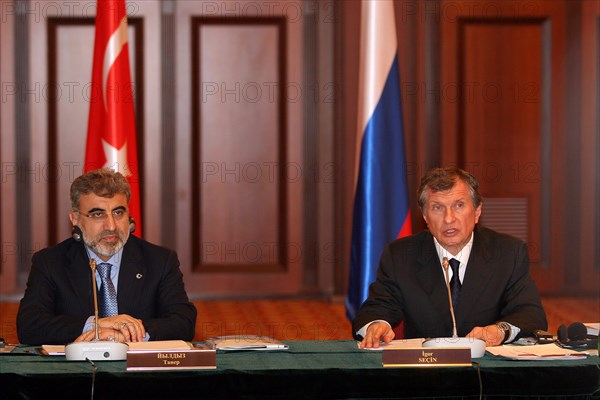 Kazan, russia, march 4, 2011, turkish energy minister taner yildiz (l) and russian vice-prime minister igor sechin during the signing ceremony at the 11th meeting of the russian-turkish interstate commission for trade and economic cooperation, the talks discussed gazprom's participation in the samsun-ceyhan pipeline project.