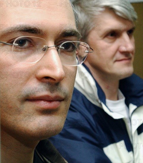 Moscow, russia, april 11, 2005, the picture shows ex-head of yukos company mikhail khodorkovsky and platon lebedev, chairman of menatep company, in the court-room, meshchansky court has fixed the date of passing sentence on yukos case on april 27.