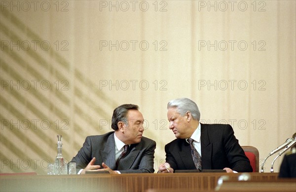 Russia, moscow, president of russia boris yeltsin (r) and president of kazakhstan nursultan nazarbaev are pictured in the presidium of the meeting, january 17, 1992.