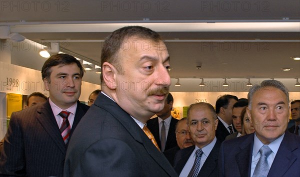 Azerbaijan, may 25, 2005, azerbaijani president ilham aliev (foreground), georgian president mikhail saakashvili, turkish president ahmet necdet sezer and president of the republic of kazakhstan nursultan nazarbayev (l-r background) attend an inauguration ceremony of the azerbaijan section of the baku-tbilisi-ceyhan international pipeline at the sangachal oil terminal, about 25 miles south of baku.